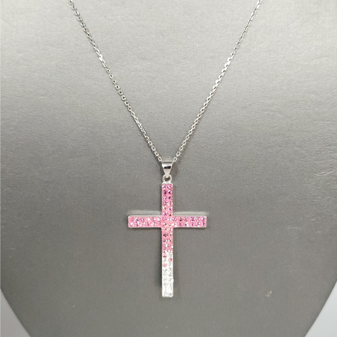 925 Sterling Silver Pink & White Crystal Cross Pendant Necklace 18"