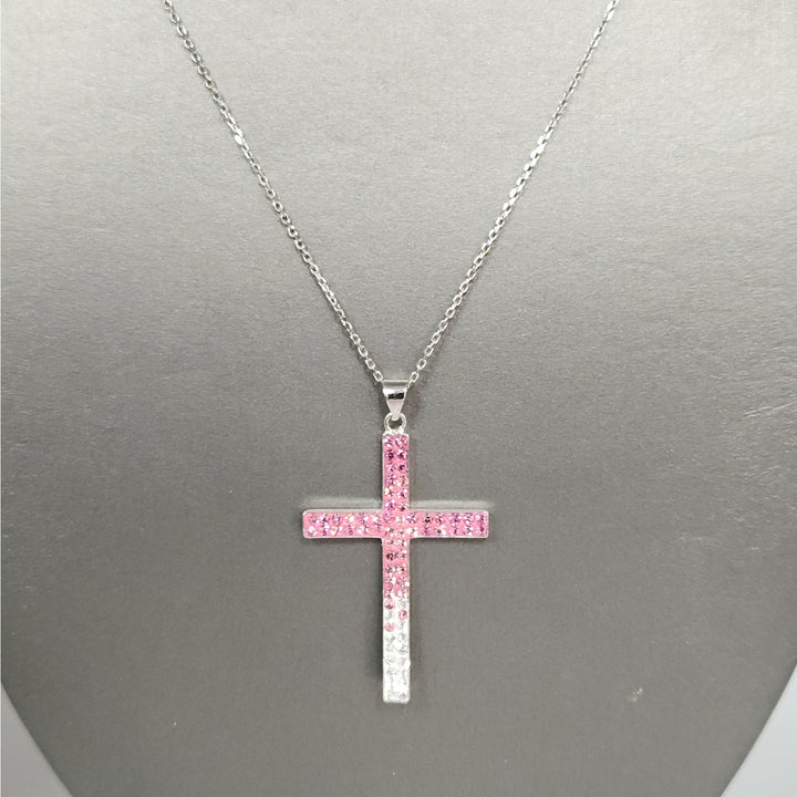 925 Sterling Silver Pink & White Crystal Cross Pendant Necklace 18"
