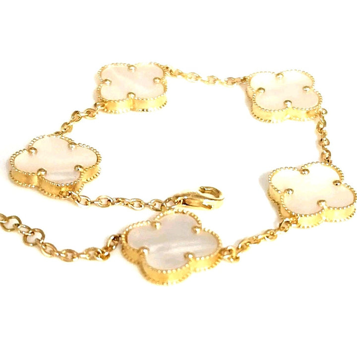 14k Yellow Gold Fashion Mother Of Pearl Flowers Bracelet 7.5"