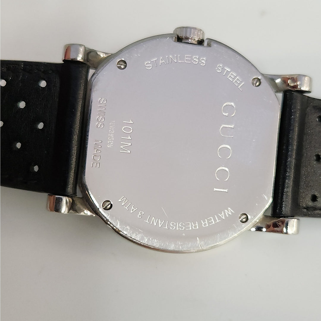 Gucci 101M  Day -Date Watch Black Dial Swiss Made Stainless Steel Leather Strap