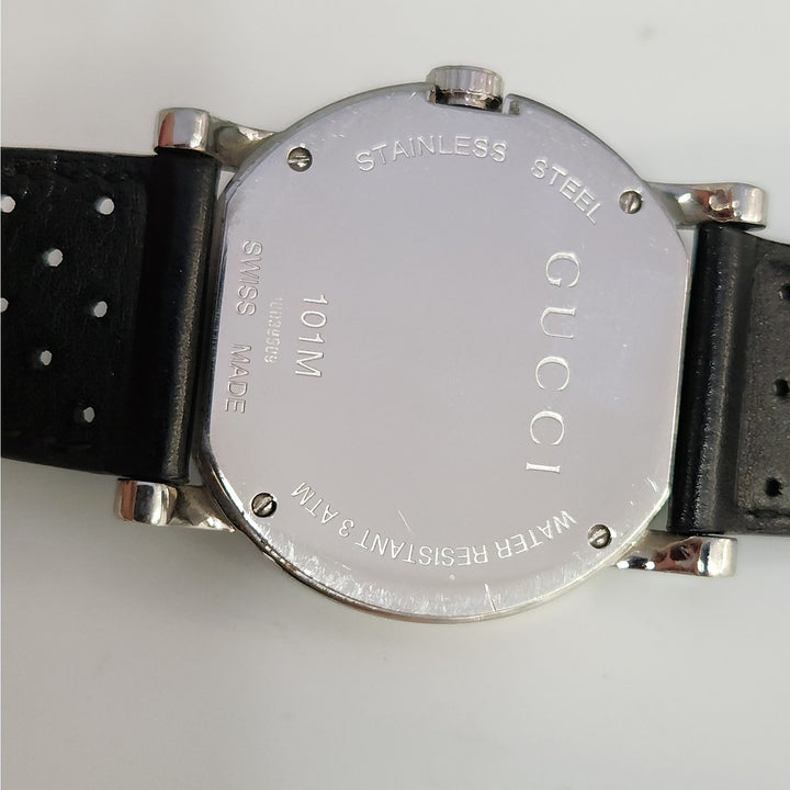 Gucci 101M  Day -Date Watch Black Dial Swiss Made Stainless Steel Leather Strap