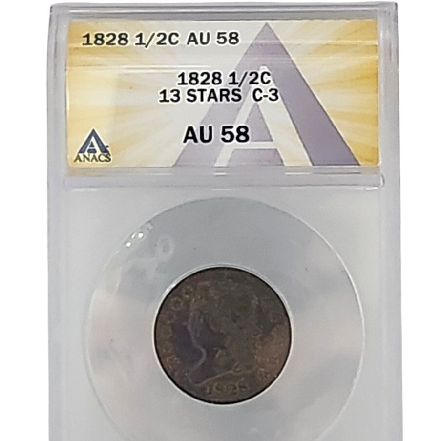 1828 Classic Head Half Cent 1/2C (13 Stars, C-3) - ANACS AU58 About Uncirculated