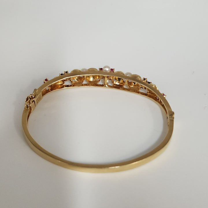 Antique 14k Yellow Gold Pearls,Ruby & Sapphire Bangle Bracelets