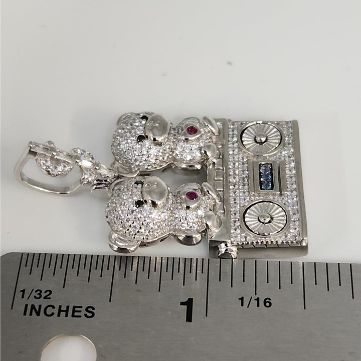 925 Sterling Silver Double Teddy Bear Pendant W/ CZ Accents And Dollar Sign Bail