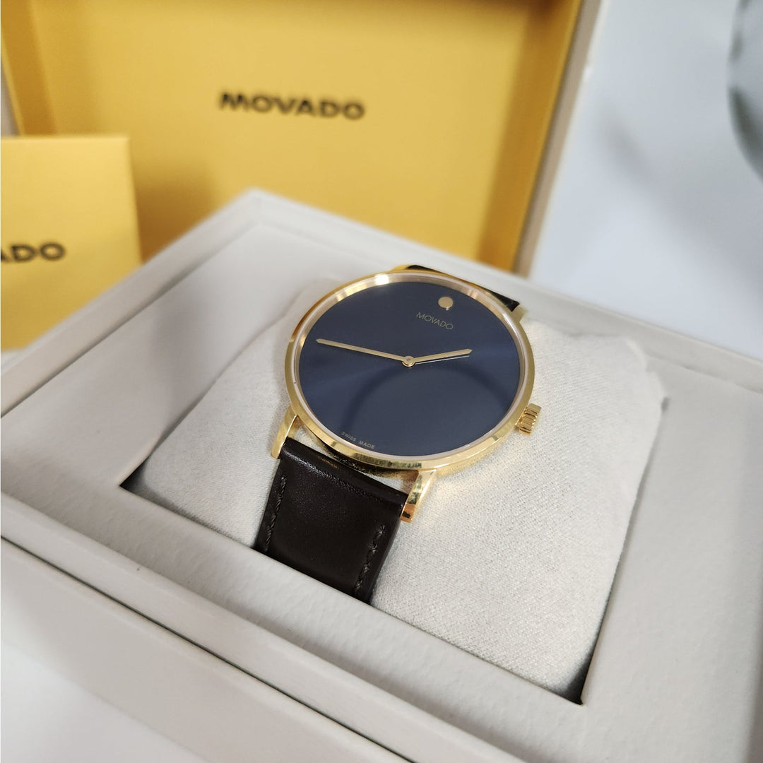 Movado Museum Classic Swiss Made Watch Blue Dial Gold -Tone Case, Brown Leather Strap Box & Tag