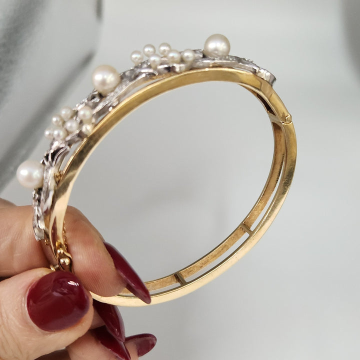 Vintage 14k Two Tone Gold Diamond Pearls Bangle Bracelet