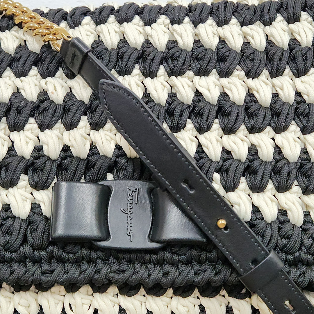 Ferragamo black & white handwoven shoulder bag  gold chain strap signature bow