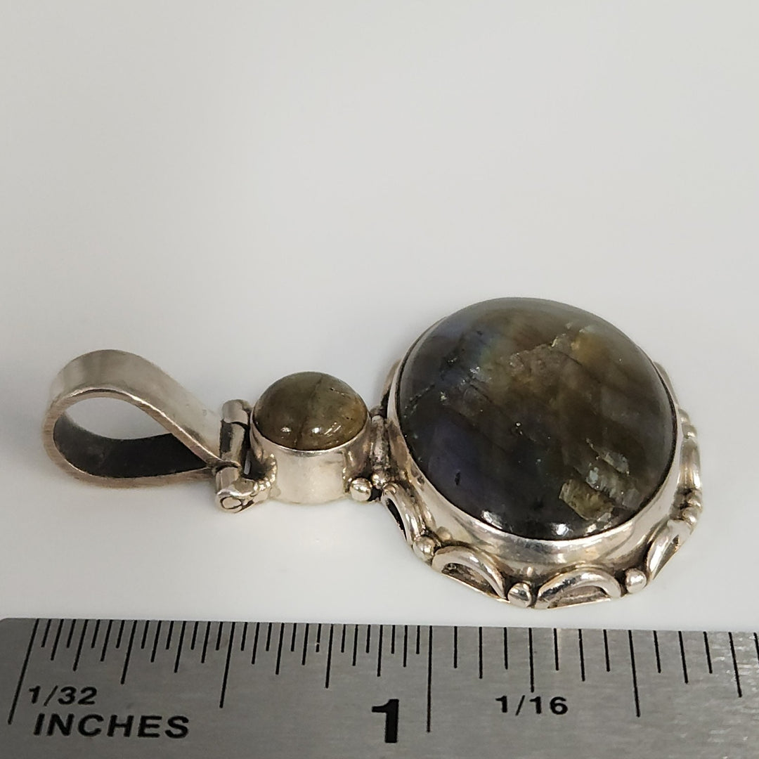 925 Sterling Silver Labradorite And Yellow Tourmaline Pendant Artisan Vintage