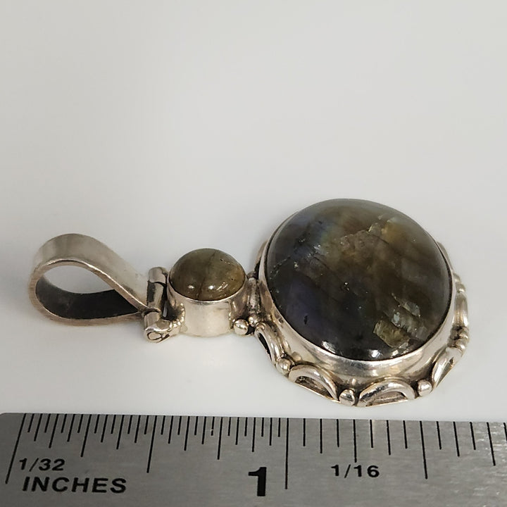 925 Sterling Silver Labradorite And Yellow Tourmaline Pendant Artisan Vintage