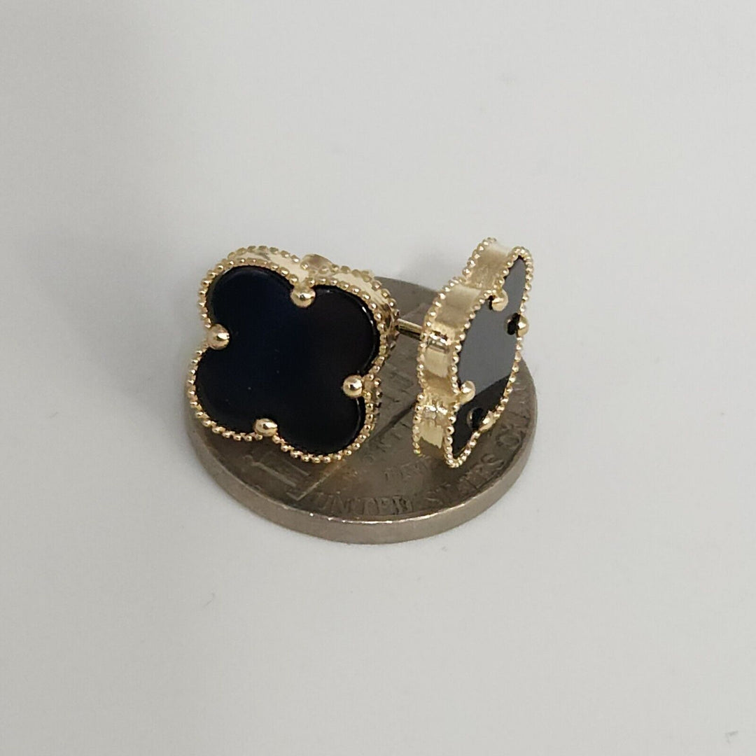 14k Yellow Gold Set Of Onyx Clover Flowers Bracelet 7.5" And Earrings