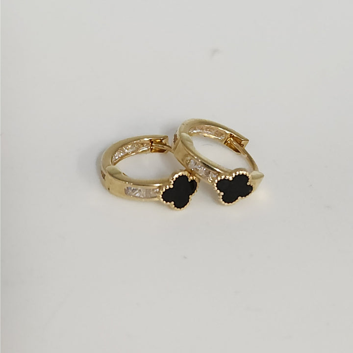 14k Yellow Gold Onyx Clover Hoop Earrings With Zirconia Accents