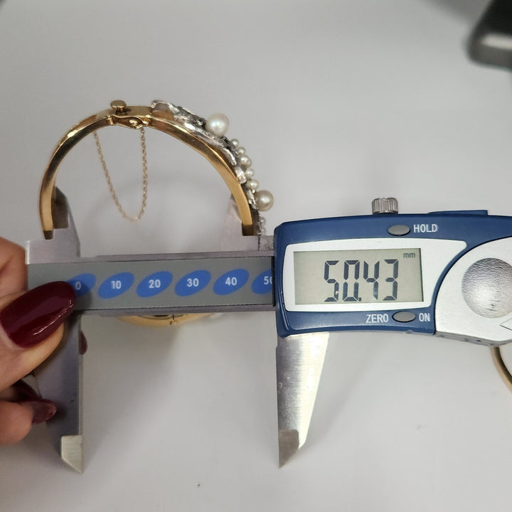 Vintage 14k Two Tone Gold Diamond Pearls Bangle Bracelet