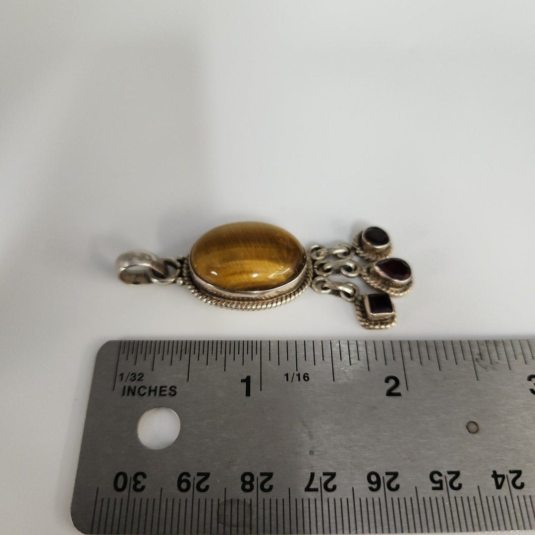 Vintage 925 Silver Golden Tiger's Eye Boho & Natural Garnet Dangle Pendant