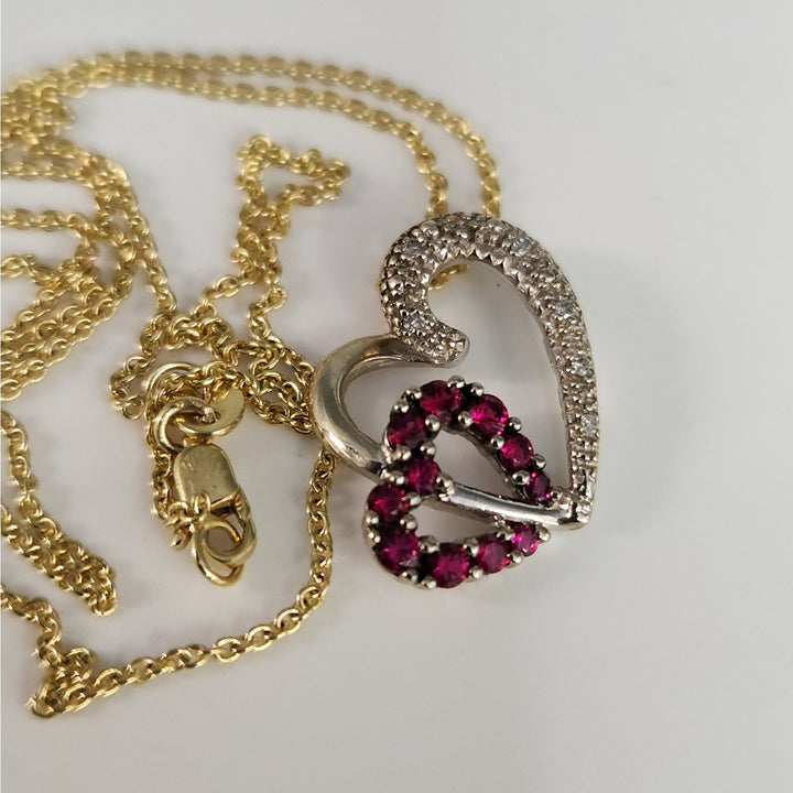 10k Gold Ruby and Diamond heart pendant necklace with 18" in 14k chain