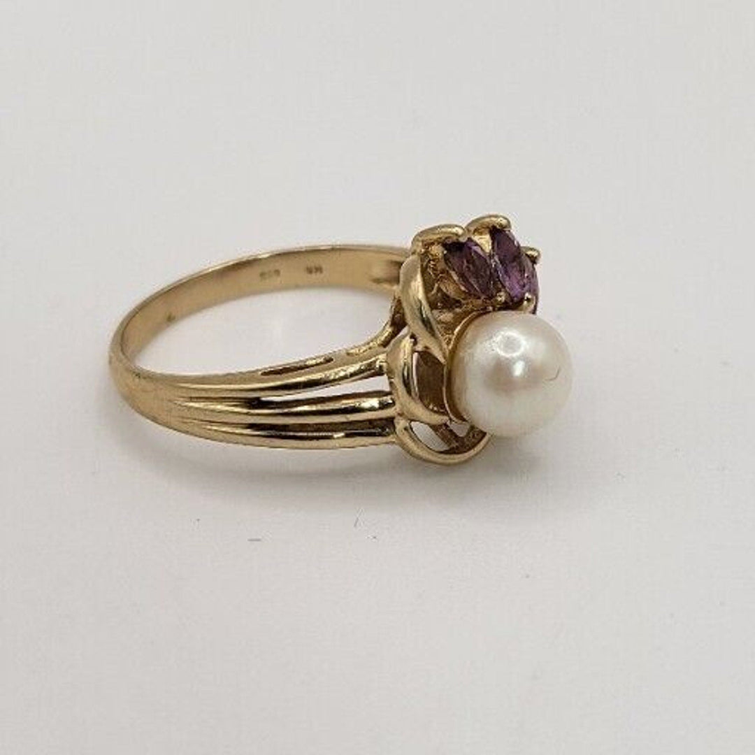 14K Yellow Gold Vintage Pearl Amethyst Diamond Ring - 3.8 gms, Sz 7.5