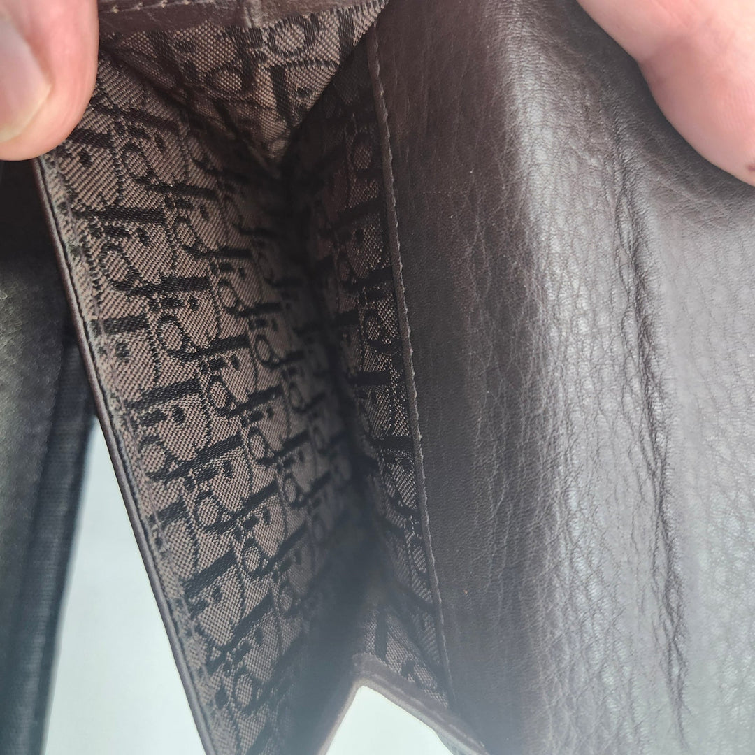 Authentic Christian Dior Vintage Brown Leather Bi-Fold Wallet with Logo Plaque & Trotter Lining