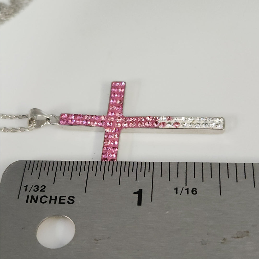 925 Sterling Silver Pink & White Crystal Cross Pendant Necklace 18"