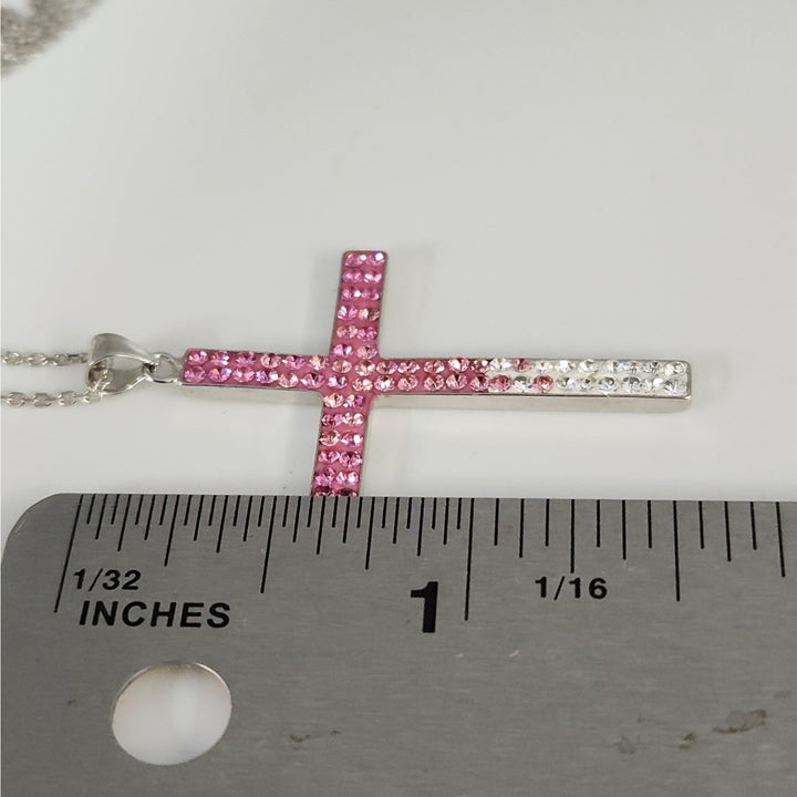 925 Sterling Silver Pink & White Crystal Cross Pendant Necklace 18"