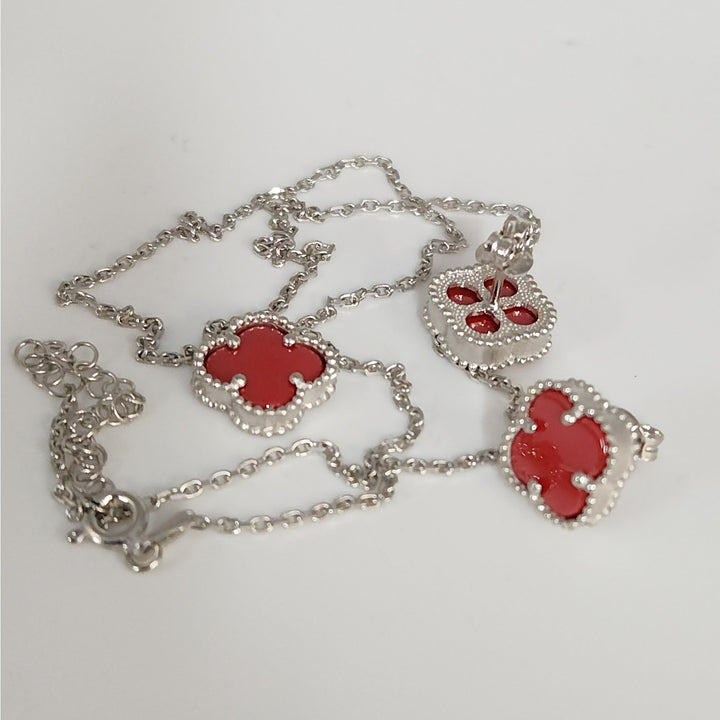 925 Sterling Silver Red Agate Flowers Pendant Necklace And Earrings