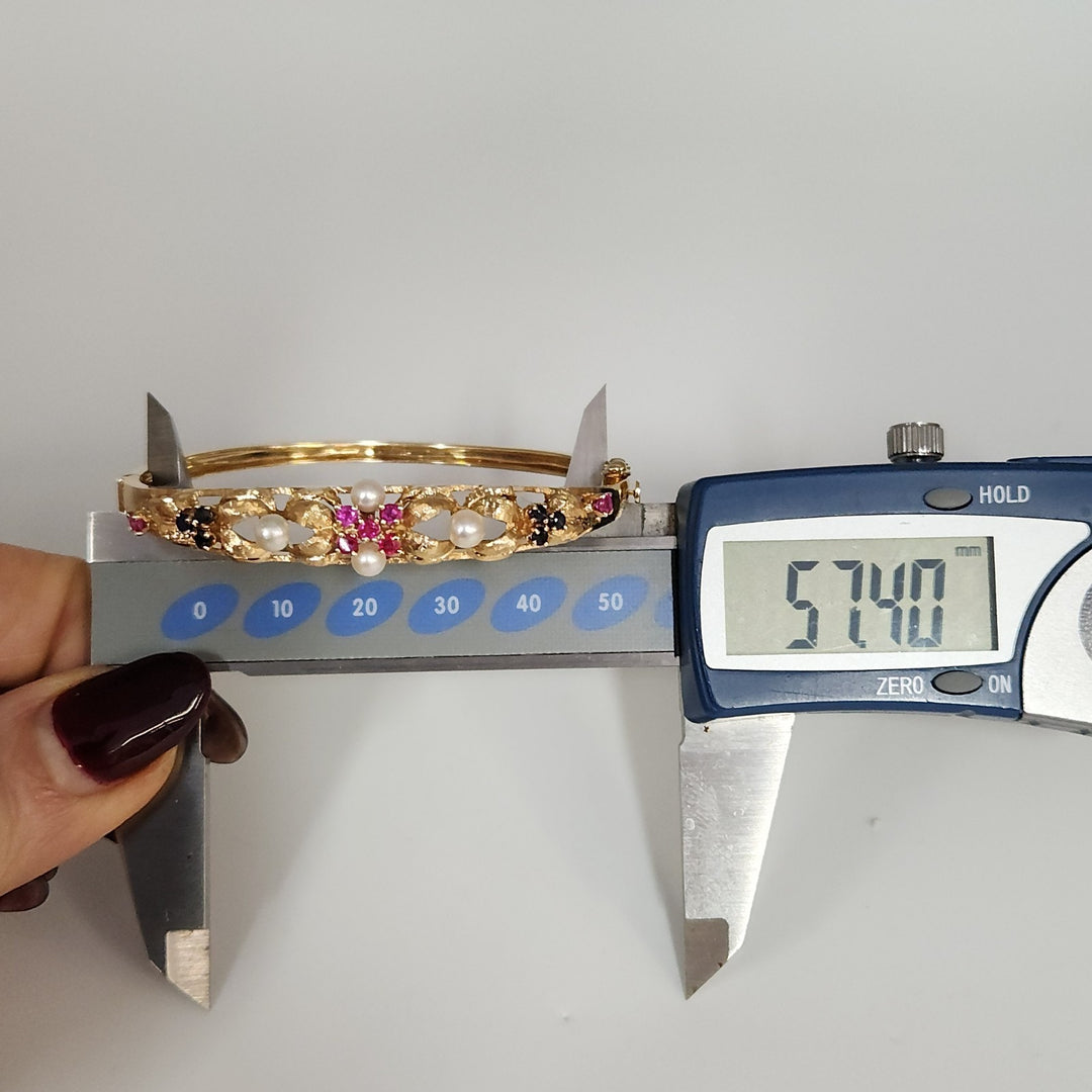 Antique 14k Yellow Gold Pearls,Ruby & Sapphire Bangle Bracelets