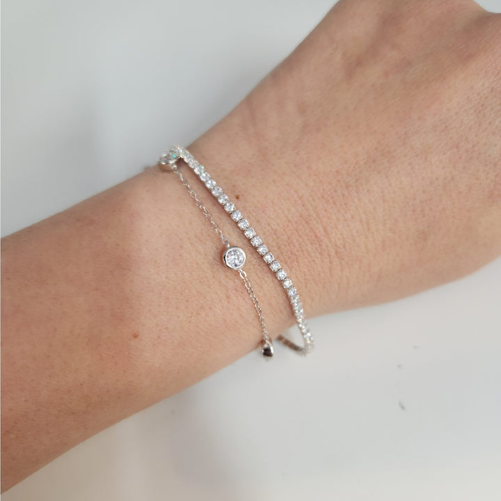 925 Sterling Silver Double layer Tennis & Bezel Set CZ bracelet 8"