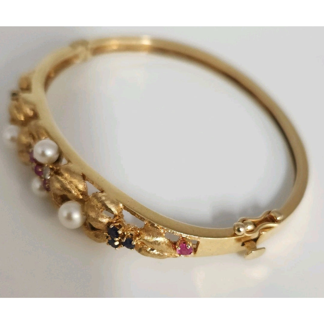 Antique 14k Yellow Gold Diamond,Pearls,Ruby &Sapphire Bangle Bracelets