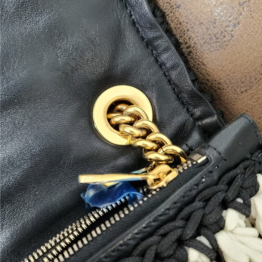 Ferragamo black & white handwoven shoulder bag  gold chain strap signature bow