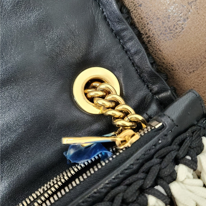 Ferragamo black & white handwoven shoulder bag  gold chain strap signature bow