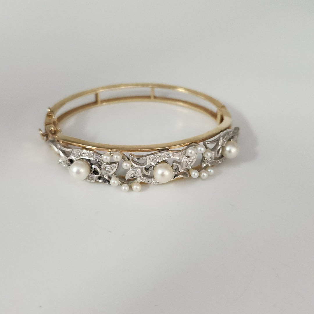 Vintage 14k Two Tone Gold Diamond Pearls Bangle Bracelet