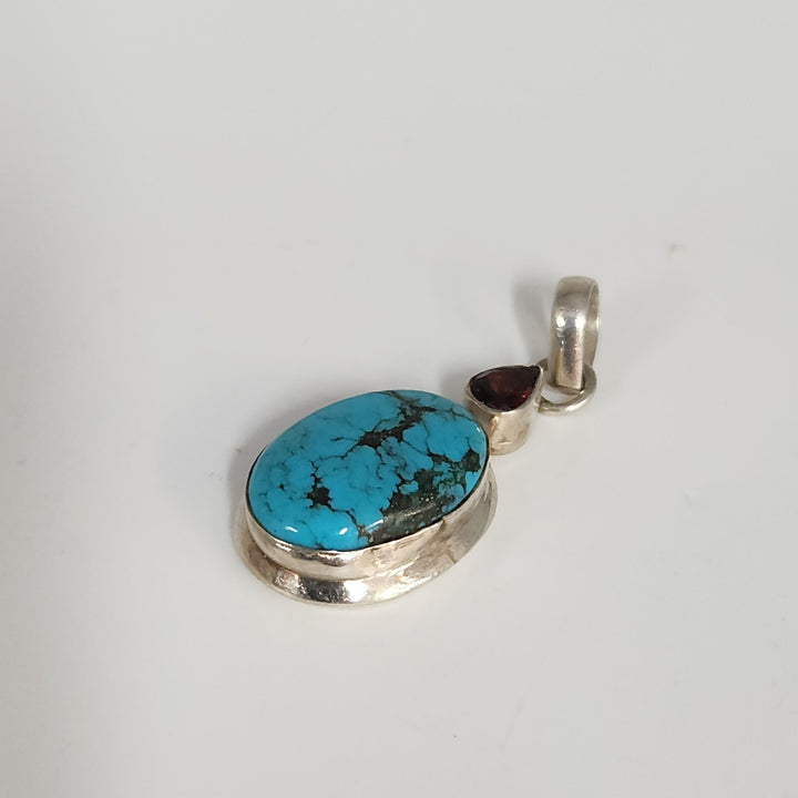 Artisan 925 Sterling Silver Pendant With Turquoise Stone & Garnet Teardrop