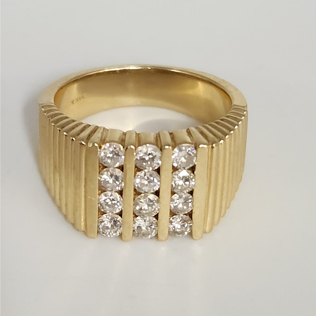 14k Yellow Gold Diamond Wide Ribbed Band Ring Multi Row Round Diamonds Ring