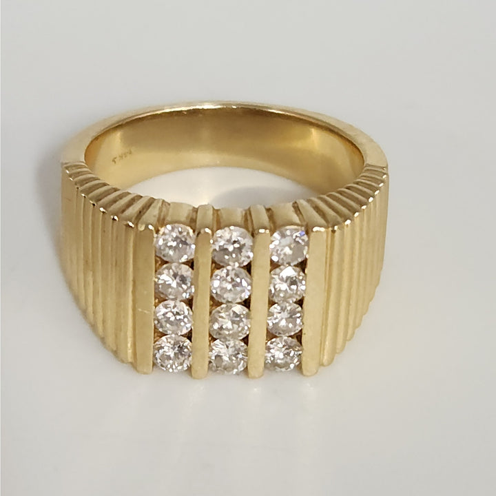 14k Yellow Gold Diamond Wide Ribbed Band Ring Multi Row Round Diamonds Ring