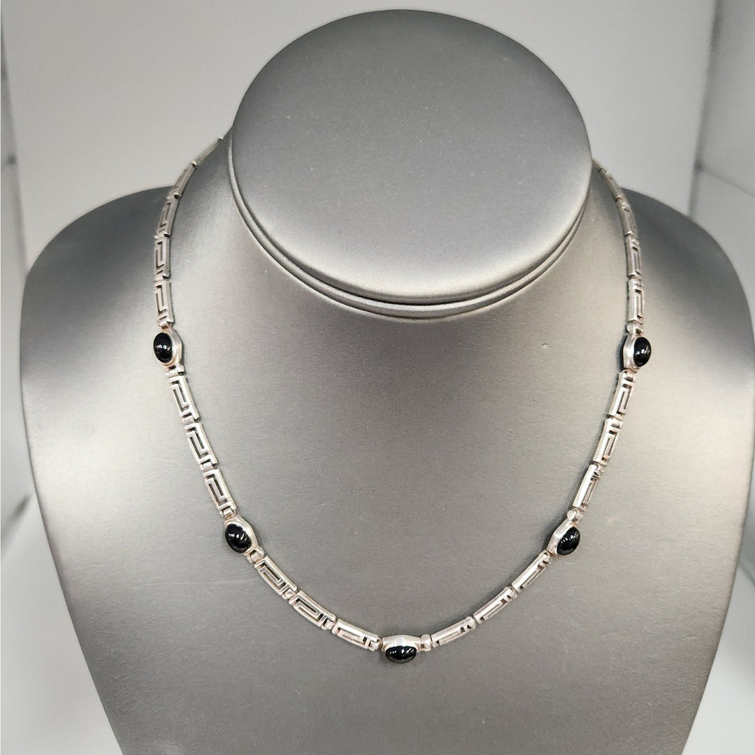 925 Sterling Silver Black Onyx Greek Key Link Necklace 16"