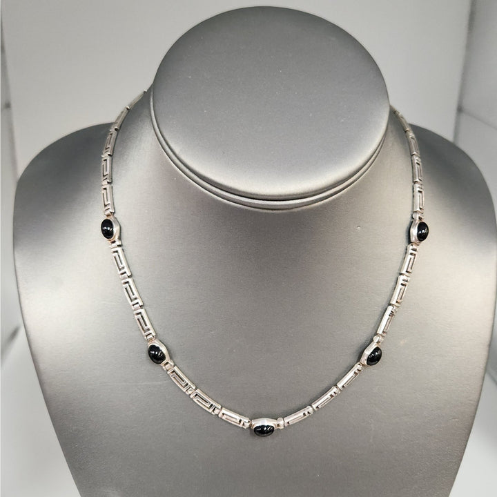 925 Sterling Silver Black Onyx Greek Key Link Necklace 16"