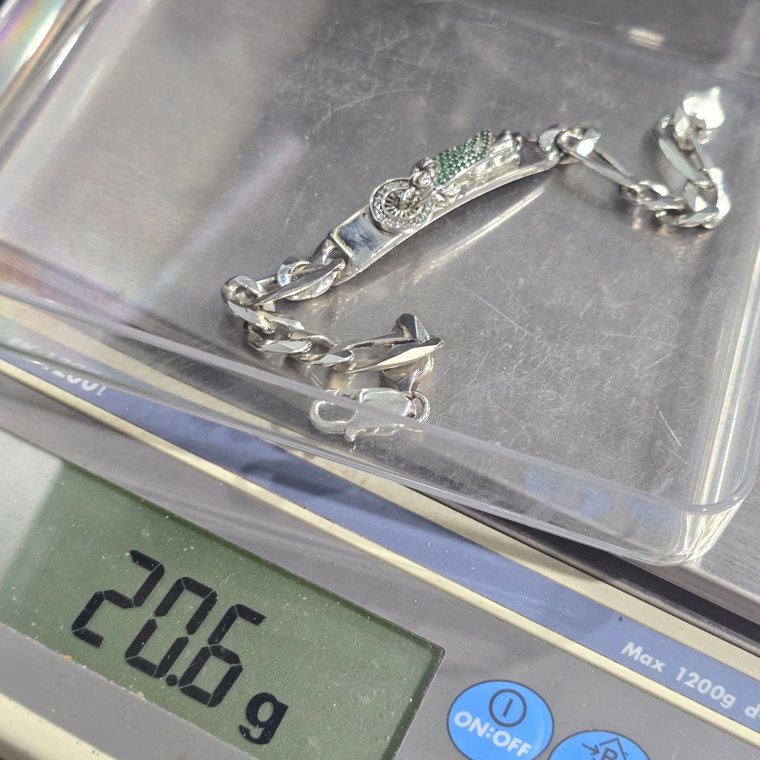 925 Sterling Silver Santa Muerte Bracelet Green Stones 20.6g Italy