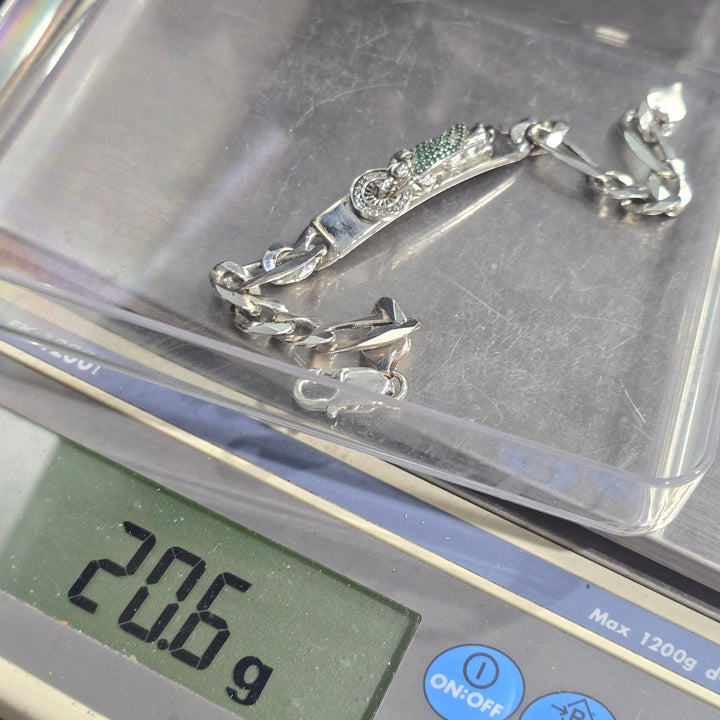925 Sterling Silver Santa Muerte Bracelet Green Stones 20.6g Italy
