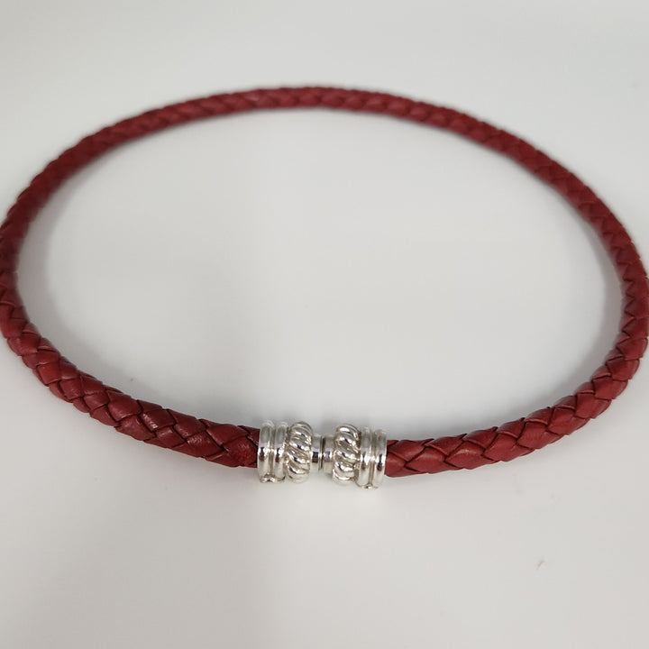 Judith Ripka Braided Red Leather Choker With Sterling Magnet Clasp 15.5"