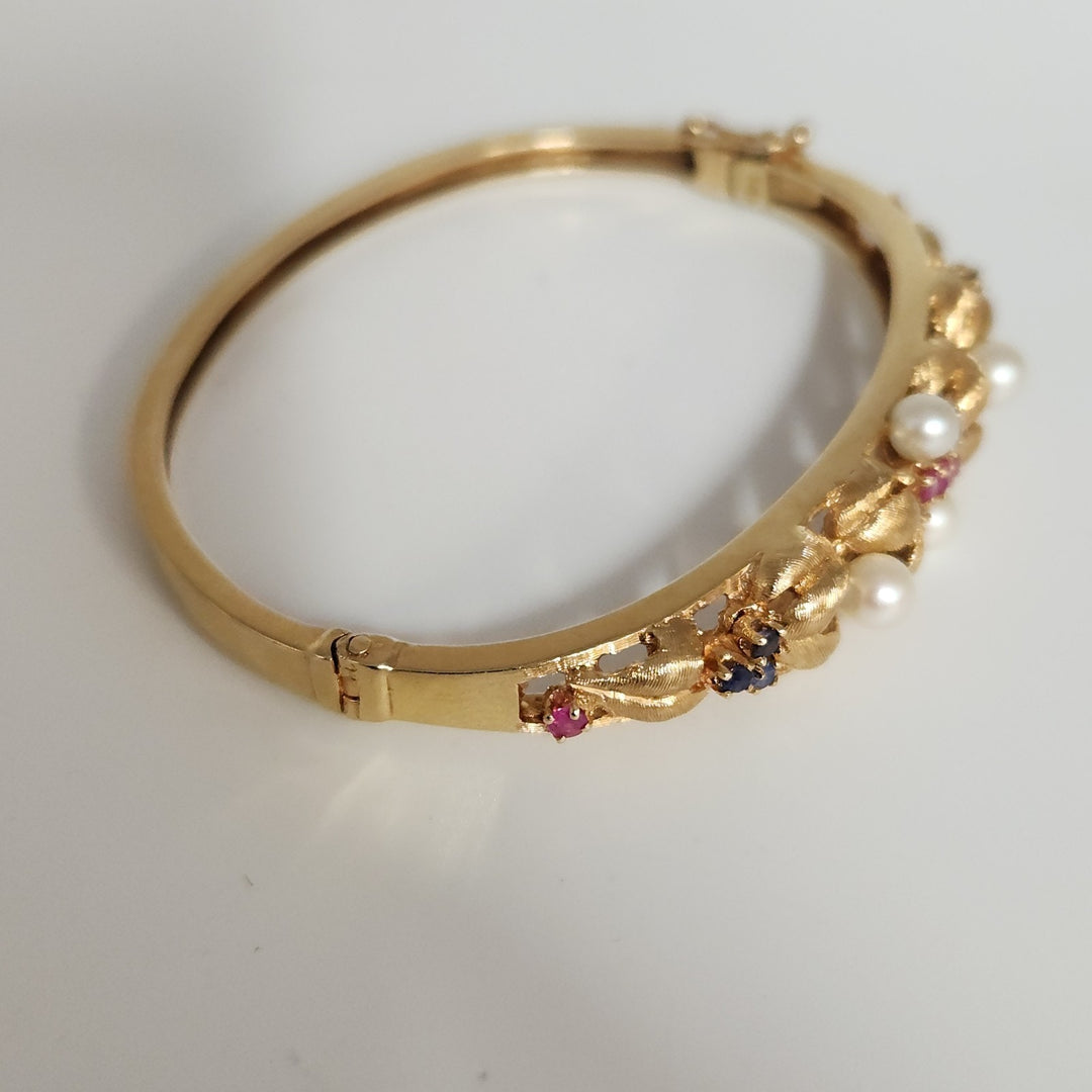 Antique 14k Yellow Gold Diamond,Pearls,Ruby &Sapphire Bangle Bracelets