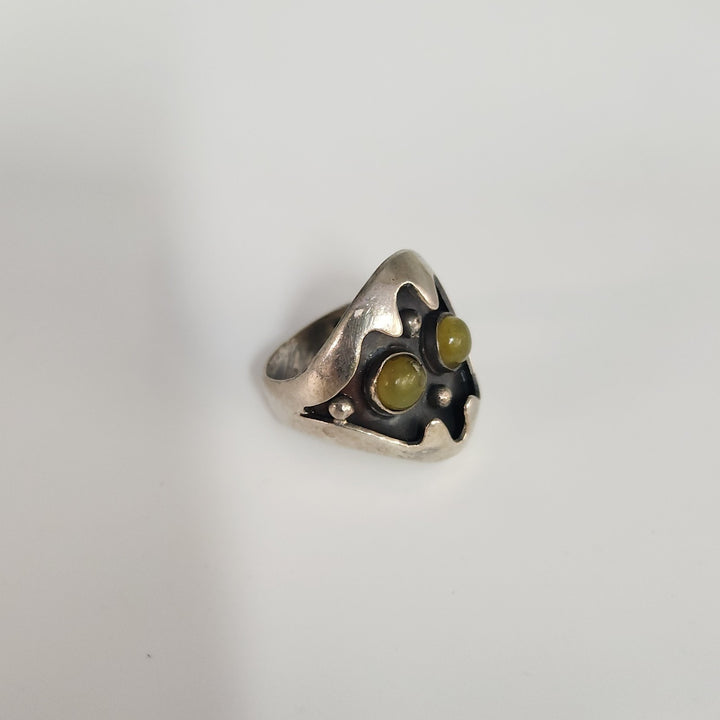 Artisan Sterling Silver Mask Ring set With Dual Green Aventurine Cabochons Stone