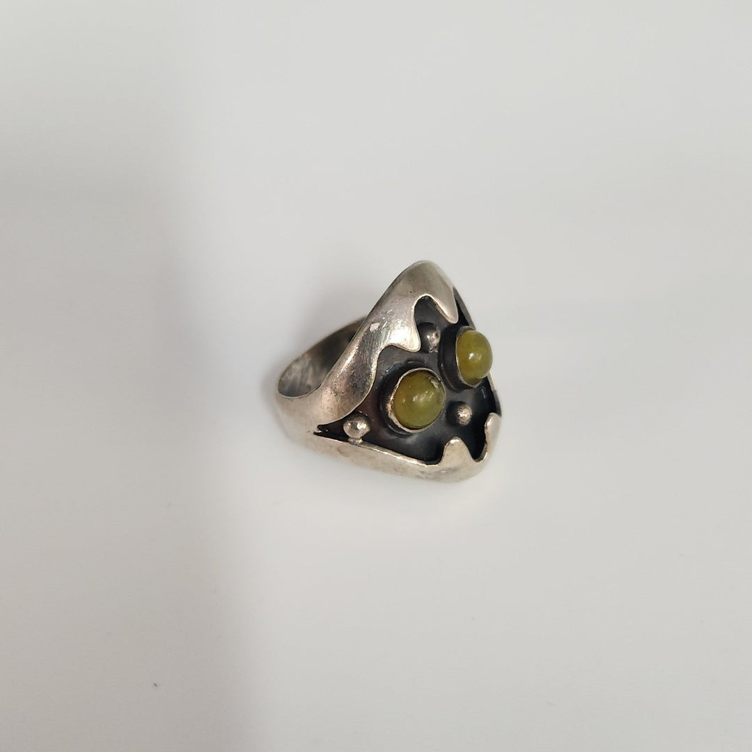 Artisan Sterling Silver Mask Ring set With Dual Green Aventurine Cabochons Stone