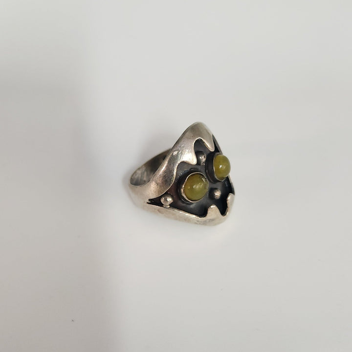 Artisan Sterling Silver Mask Ring set With Dual Green Aventurine Cabochons Stone