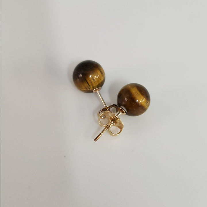 14k Yellow Gold Tiger's Eye Round Ball Stud Earrings