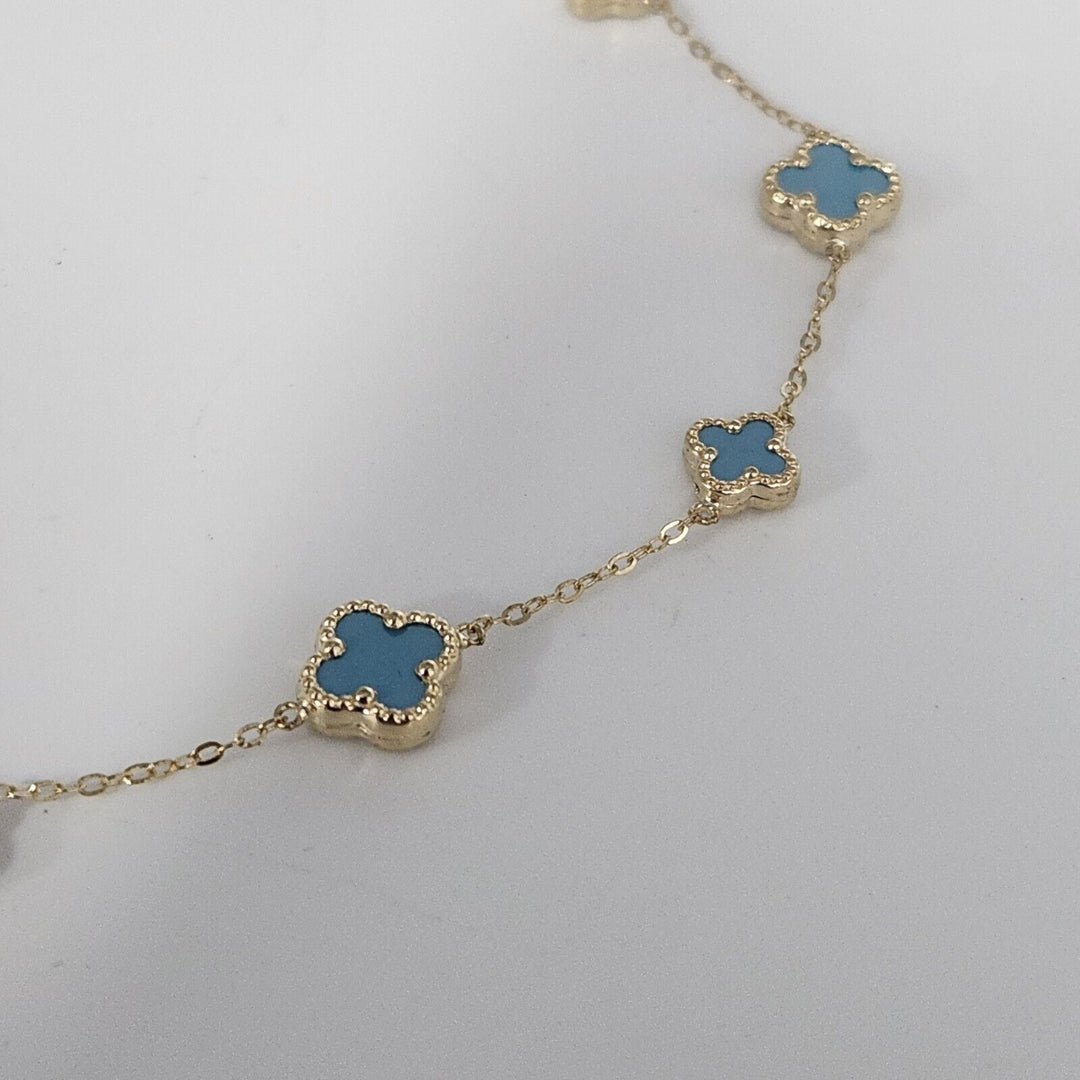 14k Yellow Gold Blue Flower Chain Necklace 18"