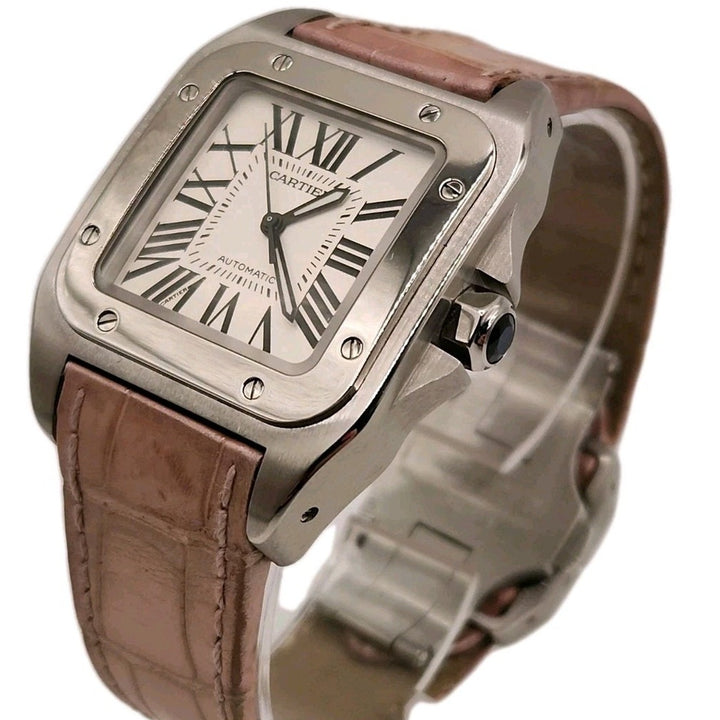 Cartier 36mm Square Pink Leather Band Automatic Stainless Steel Santos 100 W20106X8/ 2878