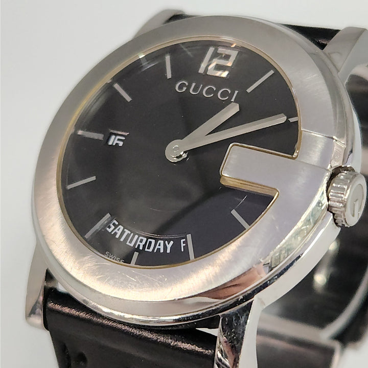 Gucci 101M  Day -Date Watch Black Dial Swiss Made Stainless Steel Leather Strap