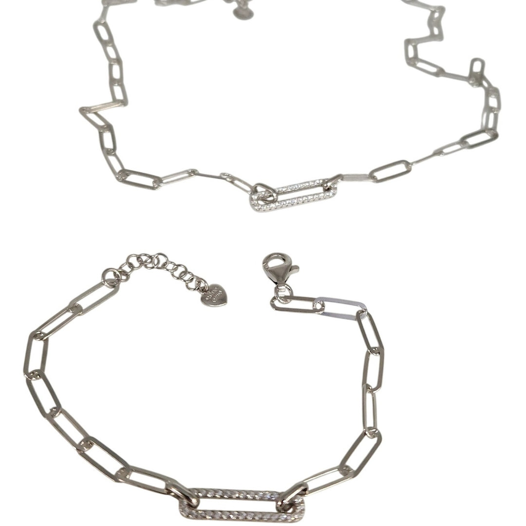 925 Sterling Silver Paperclip Link Necklace & Bracelet Set with CZ Accents