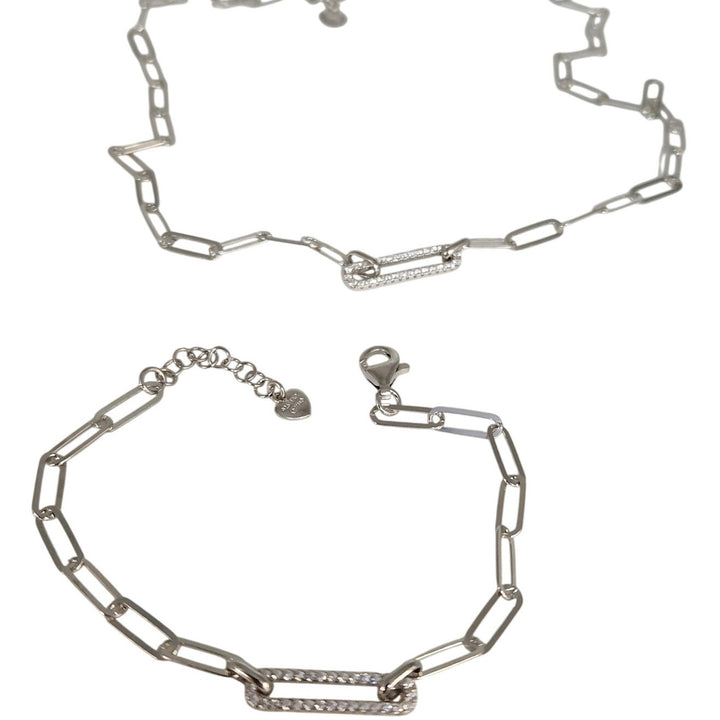 925 Sterling Silver Paperclip Link Necklace & Bracelet Set with CZ Accents