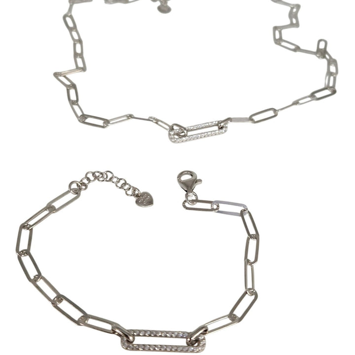 925 Sterling Silver Paperclip Link Necklace & Bracelet Set with CZ Accents