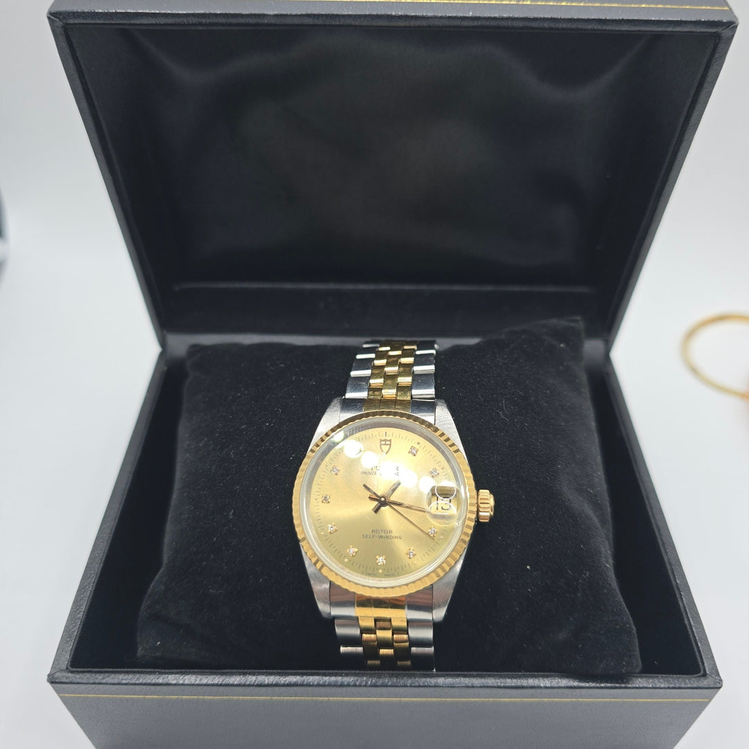 Vintage Tudor Prince Oysterdate 72033 18K Gold Bezel Diamond Dial Circa 1995