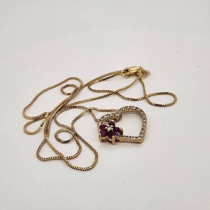 10k Yellow Gold Ruby & Diamond Pendant Necklace 18"